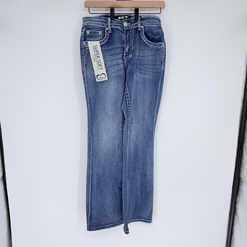 SKY Premium Collection Supersoft Flare Jeans Womens 11/12 Blue Rhinestone Cross - Picture 7 of 8
